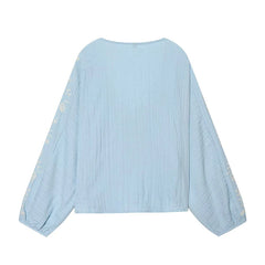 Back view of Embroidered V-Neck Pleated Blouse