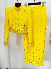 Yellow embellished stand collar cropped jacket and maxi skirt set on hanger