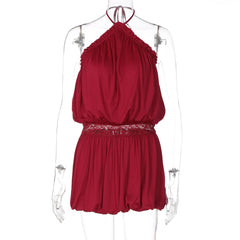 Halter Neck Ruched Lace Trim Mini Dress