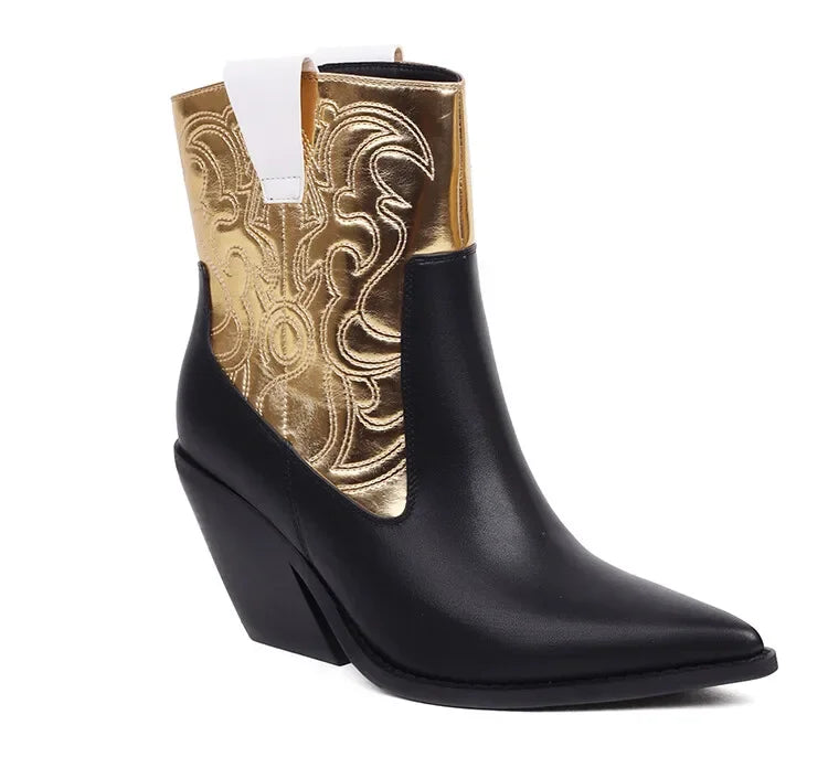 Black and gold embroidered pointed toe block heel ankle boot
