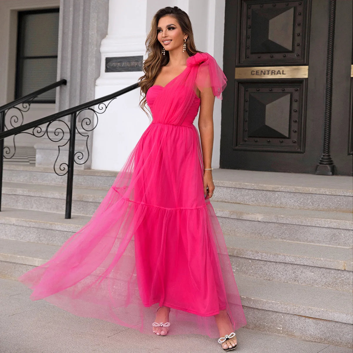 One-Shoulder Knot Detail Ruffled Mesh Dress – Golden Atelier