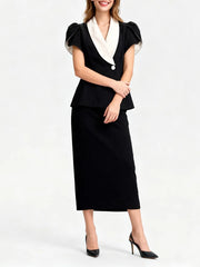 Black Lapel Tunic Top and High Waist Skirt Set with Peplum Detail