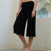 Black wide leg cropped pants with fold-over waist