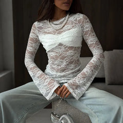 Lace Flare Sleeve Sheer Long Sleeve Top