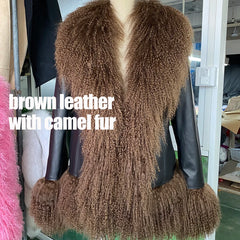 Brown leather vest with camel fur on a mannequin in a store setting.