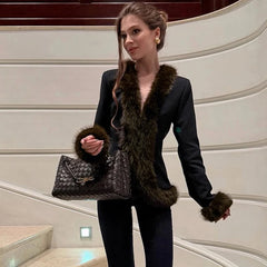 Fur Trim Long Sleeve Coat and Mini Skirt Set