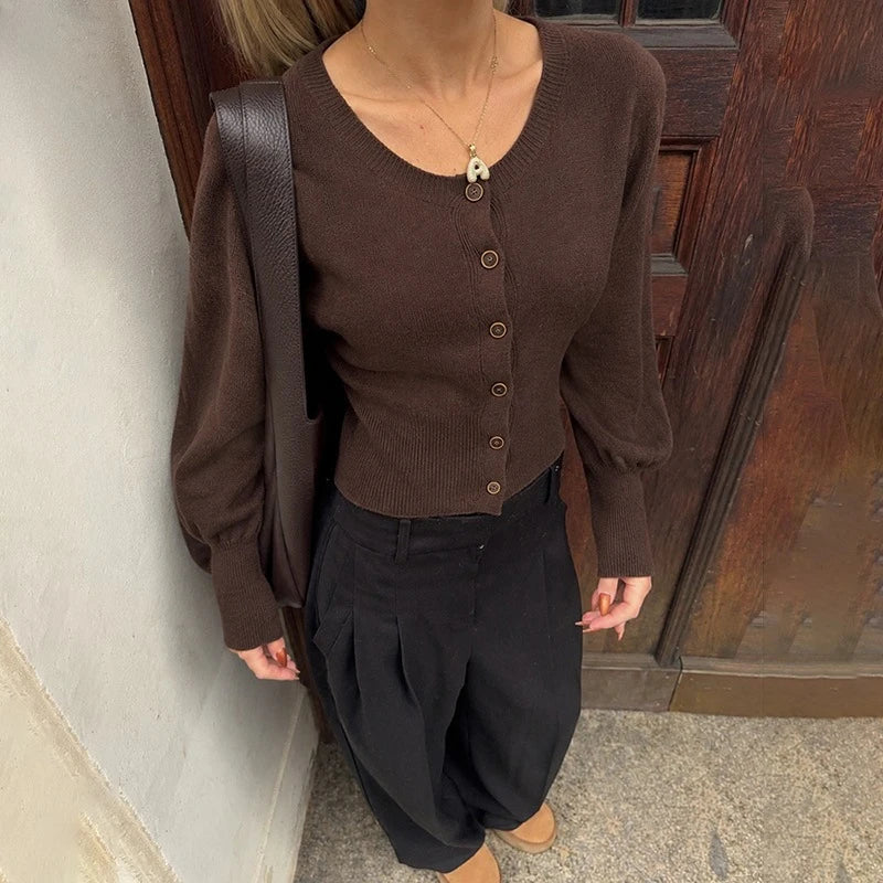 Ribbed puff sleeve button knit coat