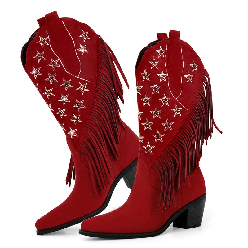Red fringe western boots with star embellishments, pointed toe and block heel.