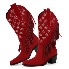 Red fringe western boots with star embellishments, pointed toe and block heel.