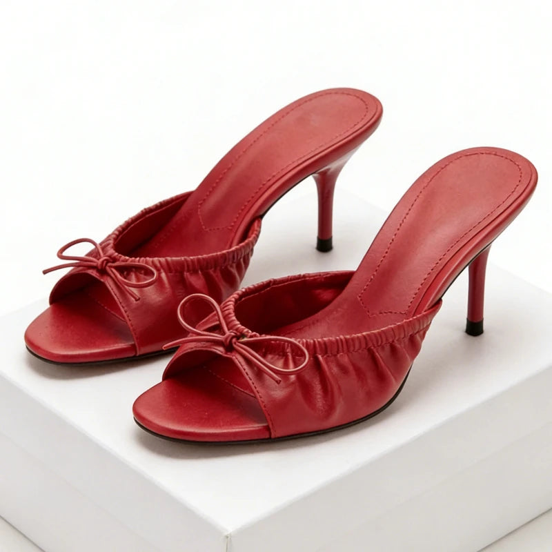Red bow detail open toe stiletto heel slide
