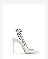 White high-heeled shoe with a bow on a white background
