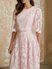O-Neck Lace Overlay Puff Sleeve Cropped Top and Pleated Midi Skirt Set