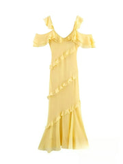 Tiered ruffle cold shoulder midi dress front view