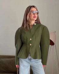 Green V-neck waist-cinching blazer