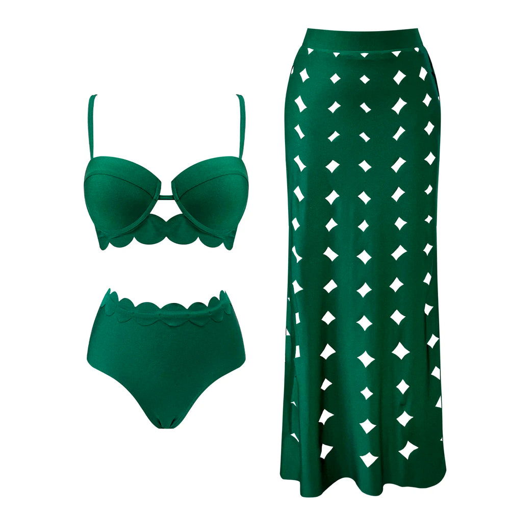 Green scalloped trim bikini top and high-waisted cutout maxi skirt laid flat.
