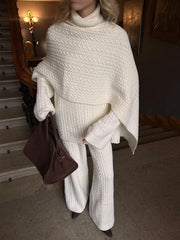 Cabel Knit Turtleneck Long Sleeve Top And High Waist Trousers Set