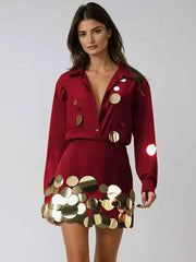 Round Sequins Long Sleeve Shirt and Mini Skirt Set