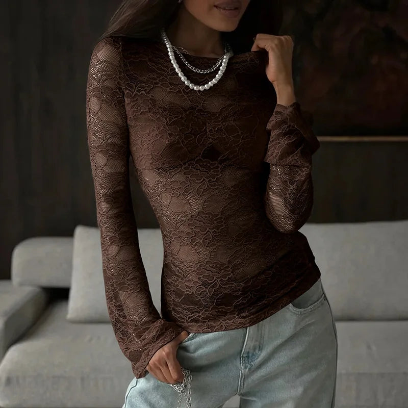 Brown lace flare sleeve top