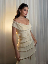 Off shoulder pearl trim maxi dress on a model