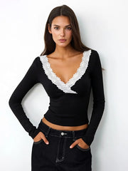 Lace Trim V-Neck Long Sleeve Top