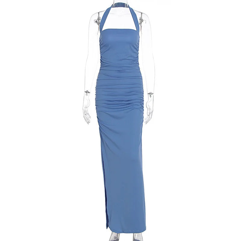 Blue evening gown on a mannequin against a white background