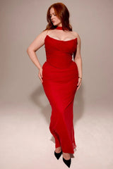 Red Corset Crop Top And Bodycon Maxi Skirt With Scarf Set