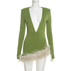Faux Fur Trim Deep Neck Mini Dress