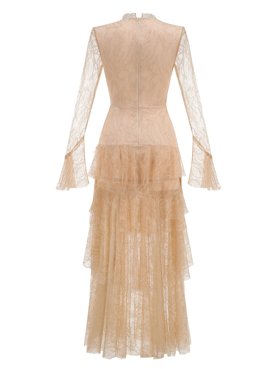Back view of an apricot colored long sleeve lace maxi dress with V-neck and ruffle skirt