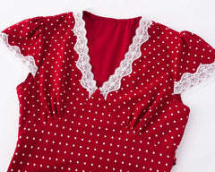 Red Polka Dot Midi Dress - Lace Trim V-Neck Holiday Robe