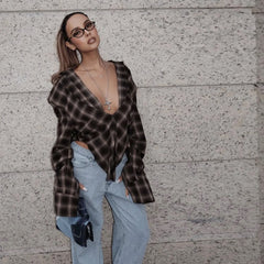 Plaid Draped Open-Neck Long Sleeve Crop Shirt