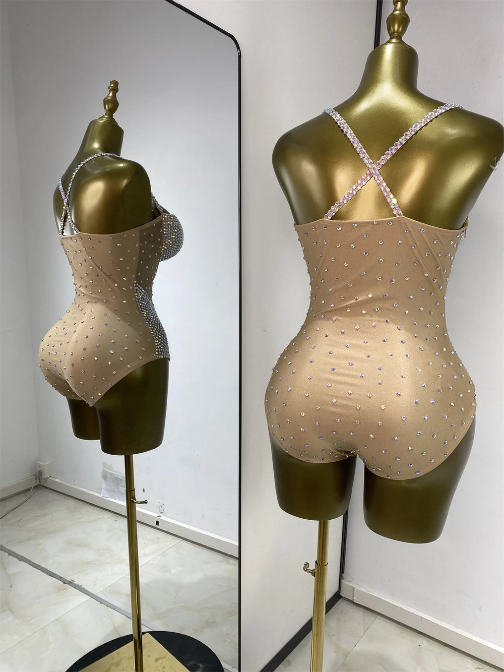 Rhinestone mesh strappy bodysuit back view