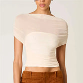 Sheer ruched mesh off-shoulder crop top in cream