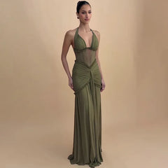 Deep V halter backless maxi dress in olive green