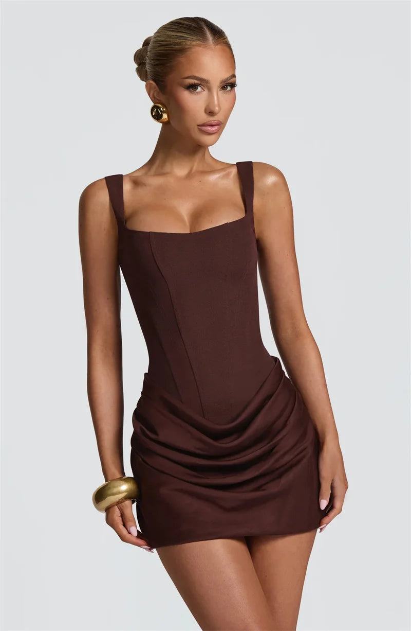 Woman wearing a brown dress - corset, ruched, tank