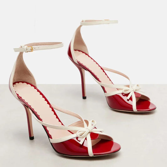 Red and white butterfly knot ankle strap stiletto heels