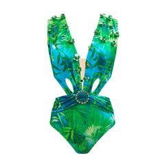 Plunged V-Neck Cut-Out One-Piece Swimsuit with Floral Embellishments and Ring Detail