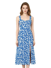 Square neck floral midi dress with side slit worn by a model