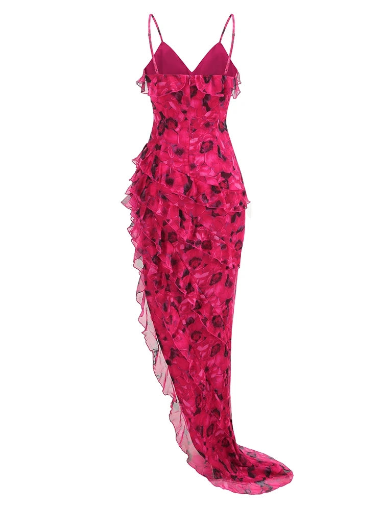 Pink evening gown with a floral pattern