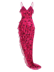 Pink evening gown with a floral pattern