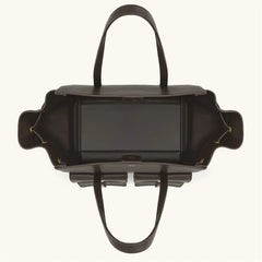 Black handbag with a unique design on a white background