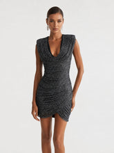 Draped Neck Mini Dress with structured shoulder and ruched skirt