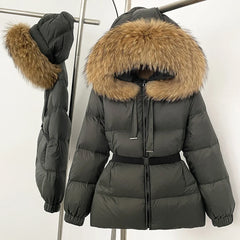 Dark gray puffer jacket with a fur-lined hood on a white background