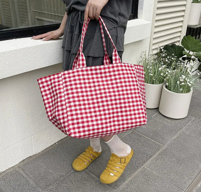 Person holding a red and white checkered bag on a stone pavement with plants in the background