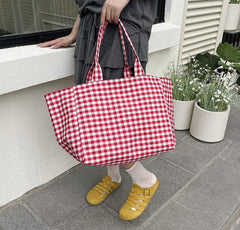 Person holding a red and white checkered bag on a stone pavement with plants in the background
