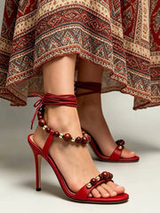 Beaded Ankle Strap Stiletto Sandals