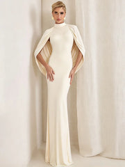 Mock Neck Cape Draped Open Back Maxi Dress