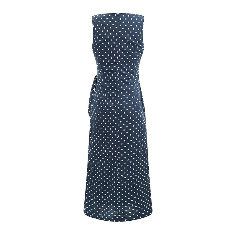Back view of Sleeveless O-Neck Polka Dot Midi Dress with Tie Waist