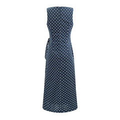 Back view of Sleeveless O-Neck Polka Dot Midi Dress with Tie Waist