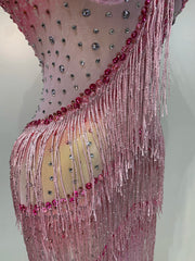 Rhinestone Tassel Mesh Strap Maxi Dress