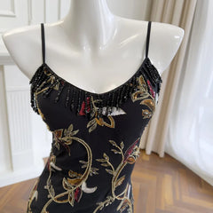 Floral Embellished Spaghetti Strap Dress Neckline Detail